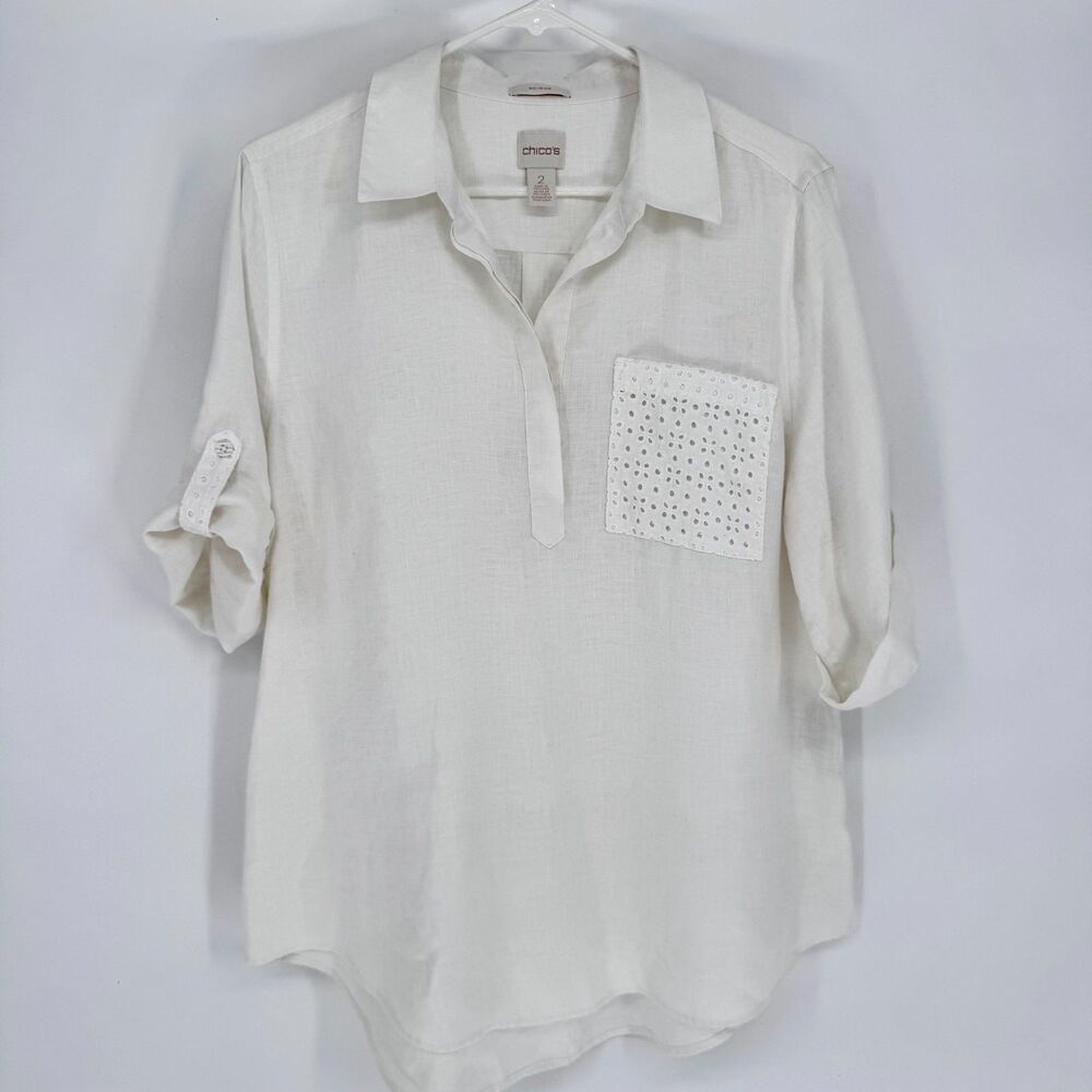 Chico’s Linen Tunic Shirt Womens L 12 Size 2 White Eyelet Pocket Roll Tab